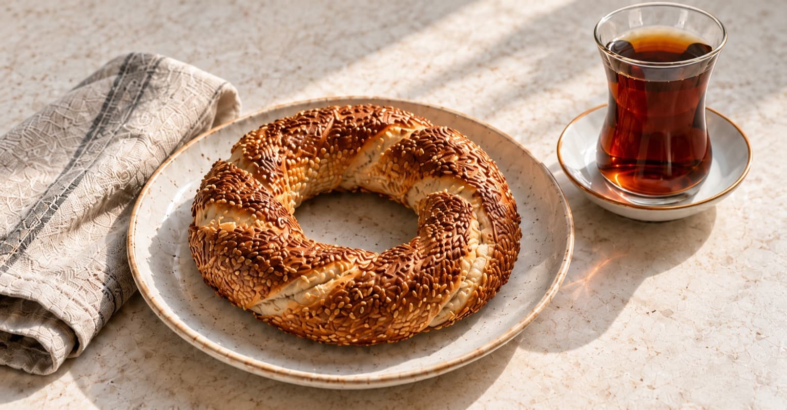 Frischer Sesamring und türkischer Tee auf einem hellen Frühstückstisch